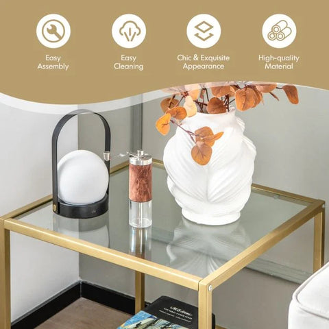 Multi-Function Square Tempered Glass Side Table with Chic Design in Gold
