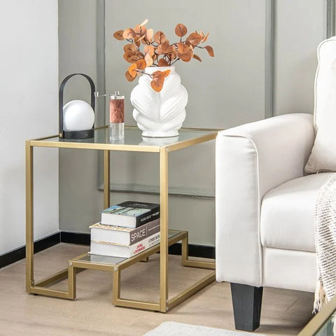 Multi-Function Square Tempered Glass Side Table with Chic Design in Gold