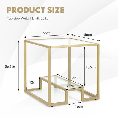 Multi-Function Square Tempered Glass Side Table with Chic Design in Gold