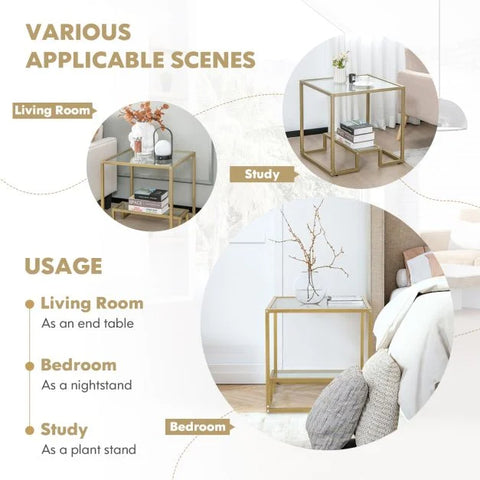 Multi-Function Square Tempered Glass Side Table with Chic Design in Gold