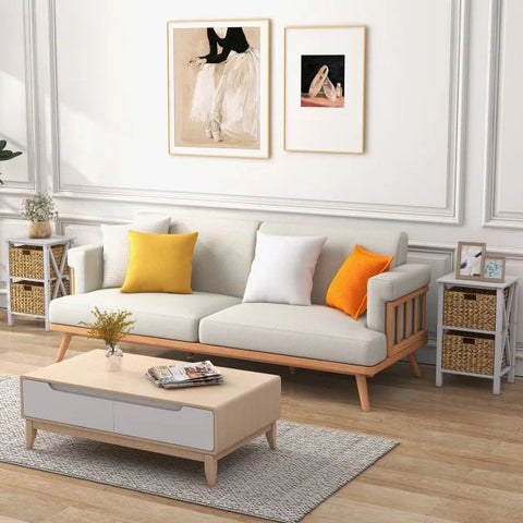 Versatile Side Table with Spacious Seagrass Baskets and Solid Wood Frame