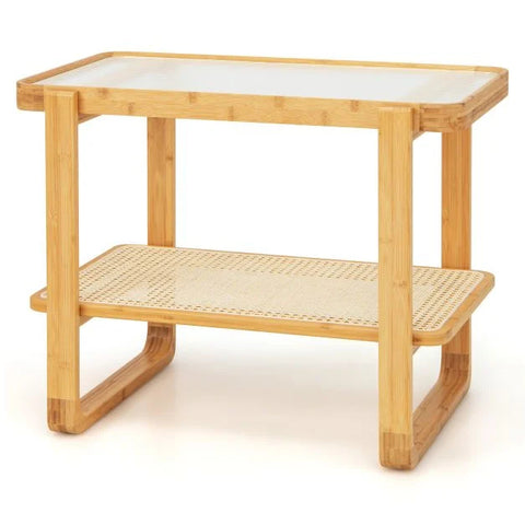 2 Tier Wood Side Table with Storage Shelf and Transparent Glass Top