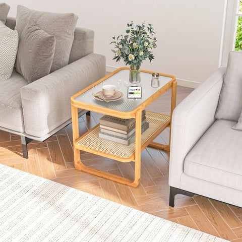2 Tier Wood Side Table with Storage Shelf and Transparent Glass Top