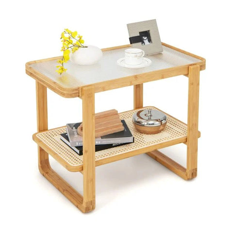 2 Tier Wood Side Table with Storage Shelf and Transparent Glass Top