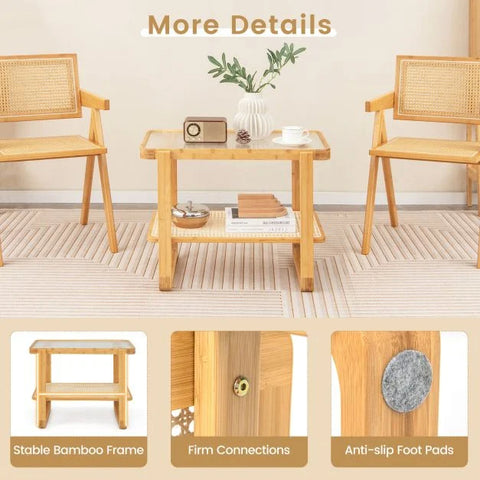 2 Tier Wood Side Table with Storage Shelf and Transparent Glass Top