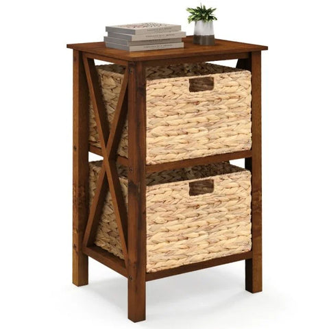 Versatile Side Table with Spacious Seagrass Baskets and Solid Wood Frame