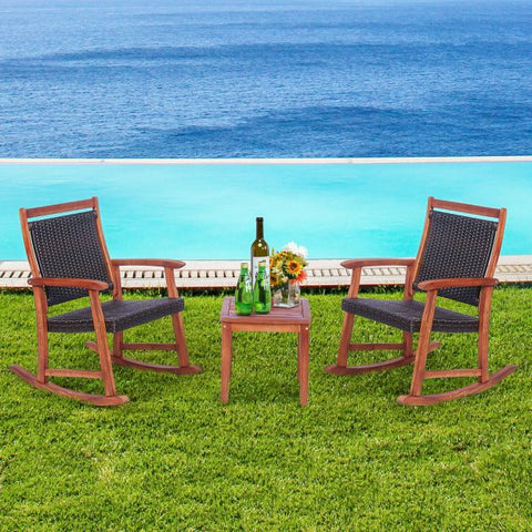 Outdoor Rocking Chair Set with Side Table with Acacia Wood and Rattan