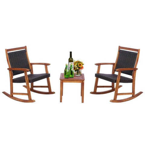Outdoor Rocking Chair Set with Side Table with Acacia Wood and Rattan
