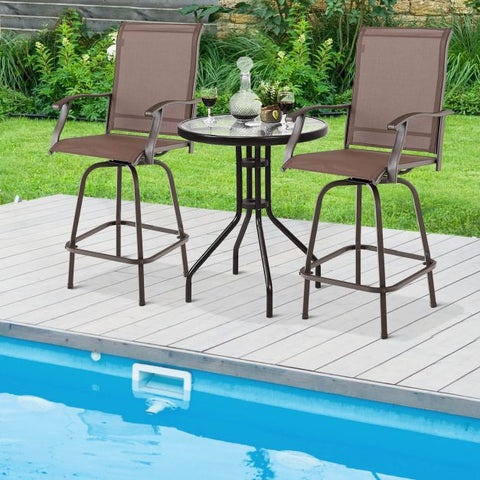 Patio Bar Stool Set with Swivel and High Backrest in Brown