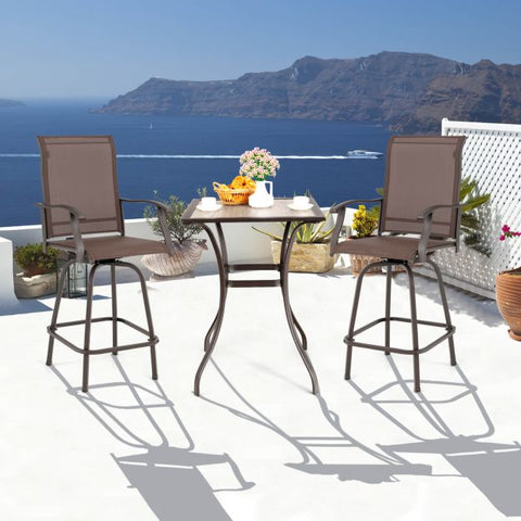 Patio Bar Stool Set with Swivel and High Backrest in Brown