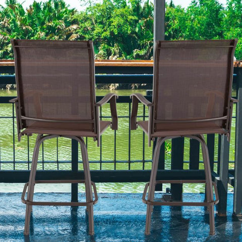 Patio Bar Stool Set with Swivel and High Backrest in Brown