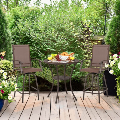 Patio Bar Stool Set with Swivel and High Backrest in Brown
