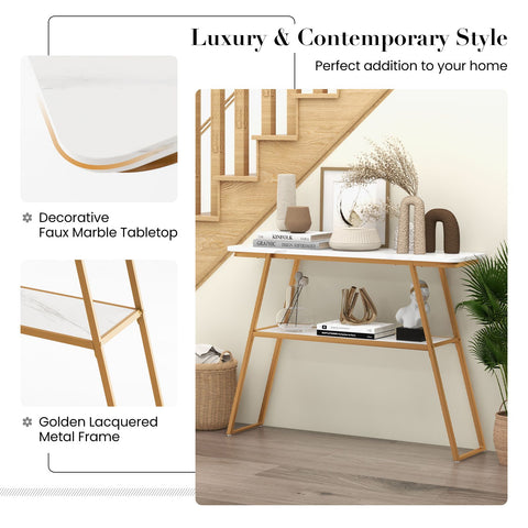 Contemporary Entryway Console Tanle with Storage Shelf and Faux Marble Top