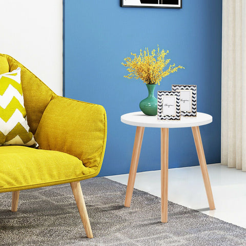Lightweight and Minimalistic Round Side Table with Sturdy Wooden Legs in White