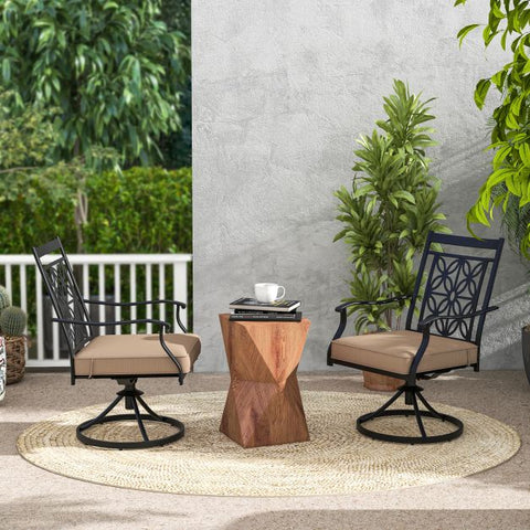 Compact Outdoor Dining Chair Set with 360 Degree Swivel and Blossom Pattern in Khaki