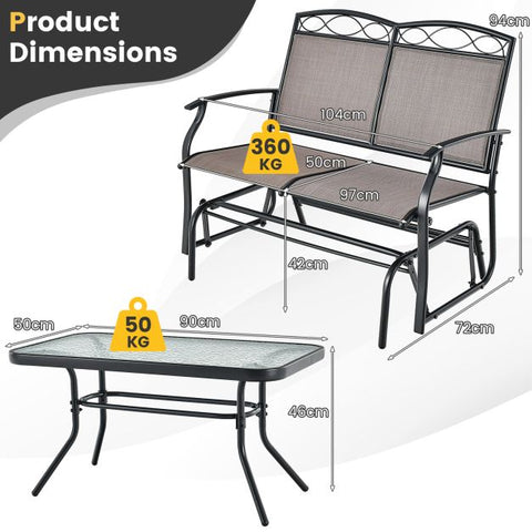 Outdoor Glider Conversation Set with Coffee Table in Tempered Glass