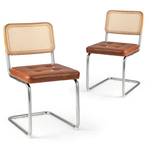 Honeycomb Backrest Set of 2 Dining Chairs with Leather Seating in Brown