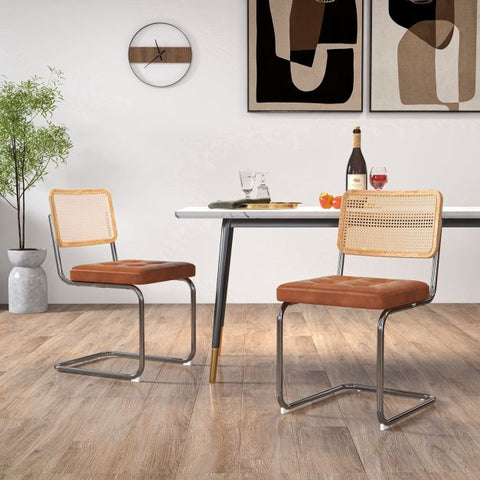 Honeycomb Backrest Set of 2 Dining Chairs with Leather Seating in Brown