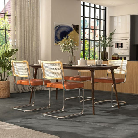 Honeycomb Backrest Set of 2 Dining Chairs with Leather Seating in Brown