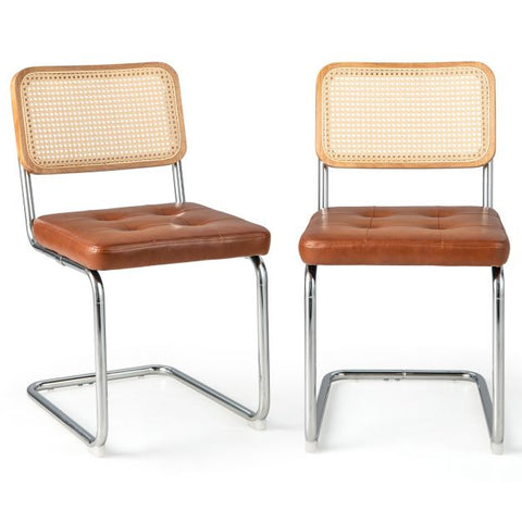 Honeycomb Backrest Set of 2 Dining Chairs with Leather Seating in Brown