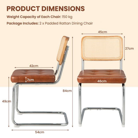 Honeycomb Backrest Set of 2 Dining Chairs with Leather Seating in Brown
