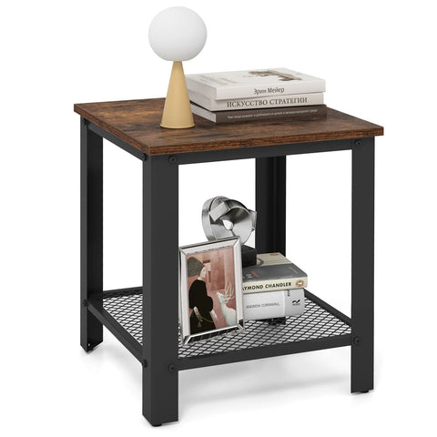 Elegant 2 Tier Side Table with Unique Industrial Style in Brown