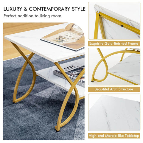 Stylish and Modern Faux Marble Coffee Table with Golden Frame and Ample Storage