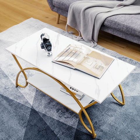 Stylish and Modern Faux Marble Coffee Table with Golden Frame and Ample Storage