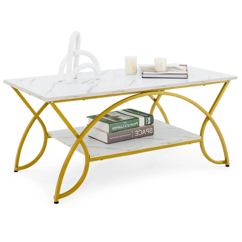 Stylish and Modern Faux Marble Coffee Table with Golden Frame and Ample Storage