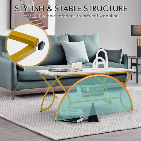 Stylish and Modern Faux Marble Coffee Table with Golden Frame and Ample Storage
