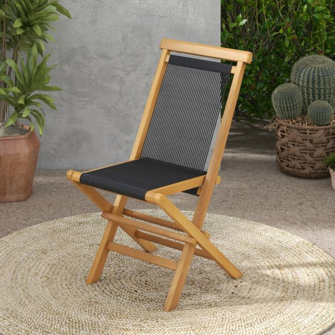 Garden Teak Wood Dining Chair Set with Woven Backrest and Folding Design in Black