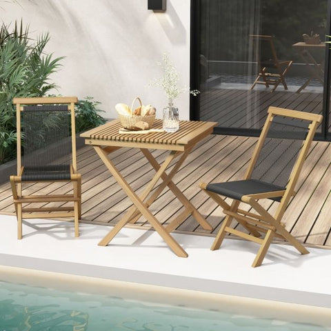 Garden Teak Wood Dining Chair Set with Woven Backrest and Folding Design in Black