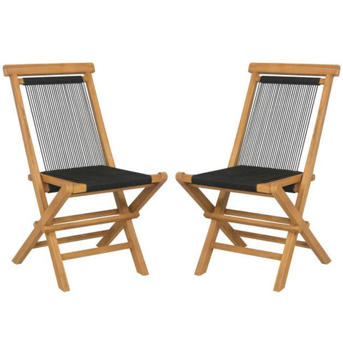 Garden Teak Wood Dining Chair Set with Woven Backrest and Folding Design in Black