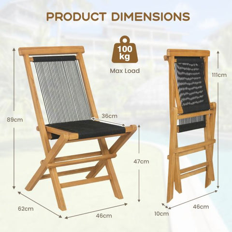Garden Teak Wood Dining Chair Set with Woven Backrest and Folding Design in Black