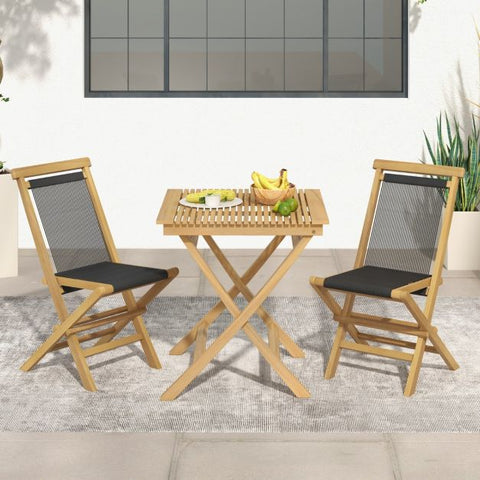 Garden Teak Wood Dining Chair Set with Woven Backrest and Folding Design in Black