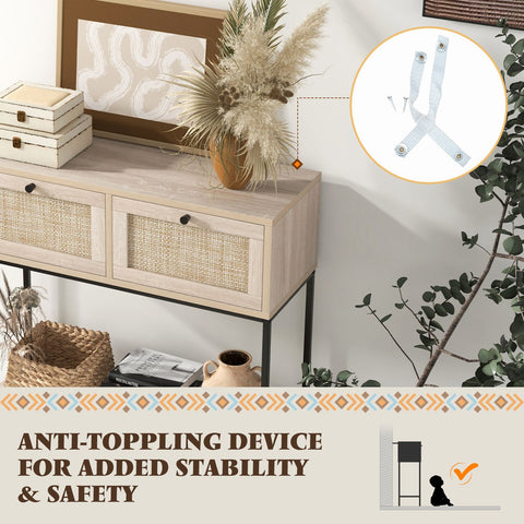 Stylish Rattan Entryway Console Table with Drawers and Storage Shelf in Oak
