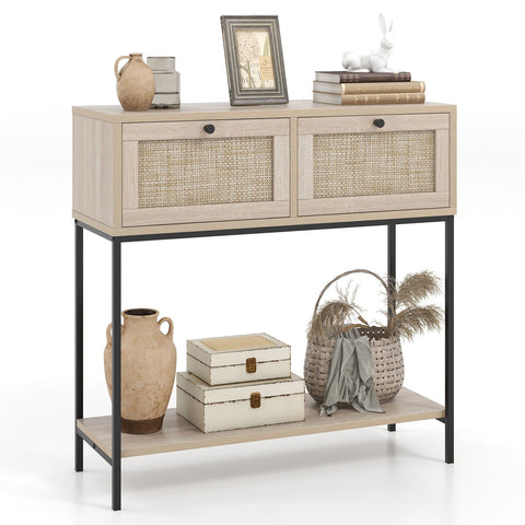 Stylish Rattan Entryway Console Table with Drawers and Storage Shelf in Oak