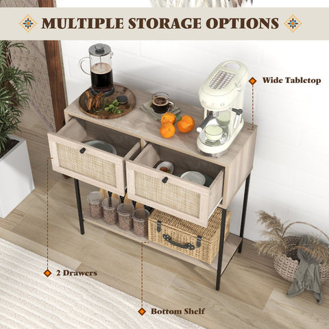 Stylish Rattan Entryway Console Table with Drawers and Storage Shelf in Oak