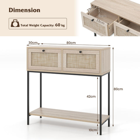 Stylish Rattan Entryway Console Table with Drawers and Storage Shelf in Oak