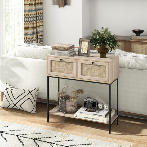Stylish Rattan Entryway Console Table with Drawers and Storage Shelf in Oak
