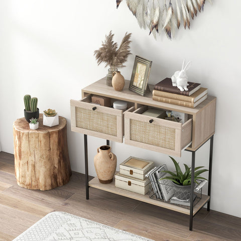 Stylish Rattan Entryway Console Table with Drawers and Storage Shelf in Oak