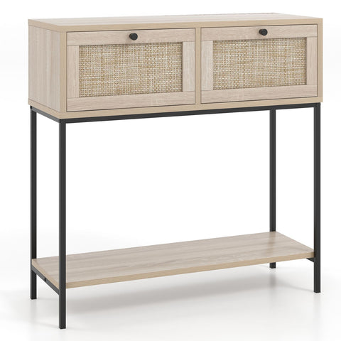 Stylish Rattan Entryway Console Table with Drawers and Storage Shelf in Oak