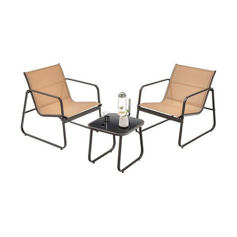 Garden Conversation Furniture Set with Tempered Glass Table Top and Light Fabric in Brown