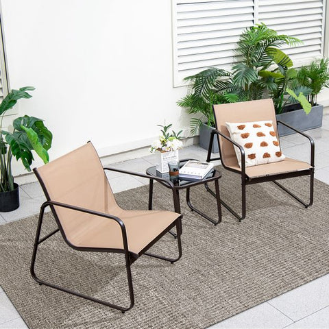 Garden Conversation Furniture Set with Tempered Glass Table Top and Light Fabric in Brown