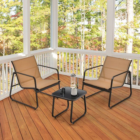 Garden Conversation Furniture Set with Tempered Glass Table Top and Light Fabric in Brown