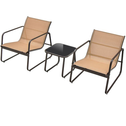 Garden Conversation Furniture Set with Tempered Glass Table Top and Light Fabric in Brown