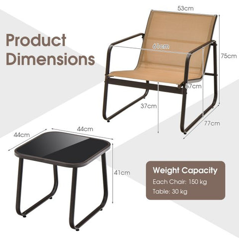 Garden Conversation Furniture Set with Tempered Glass Table Top and Light Fabric in Brown