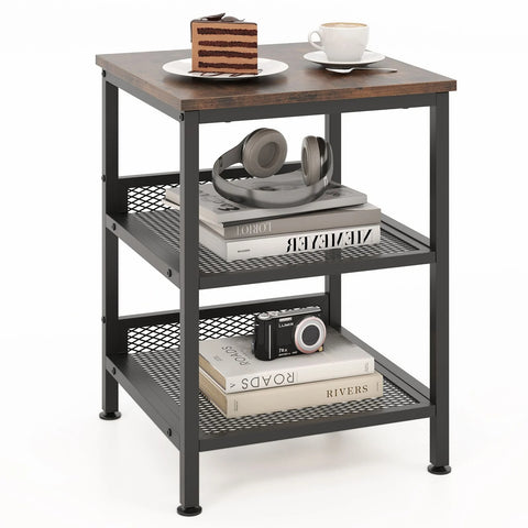 Practical and Compact 3 Tier Side Table in Rustic Brown