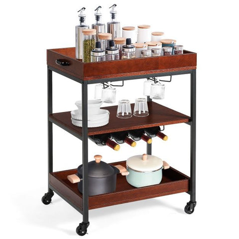 Simple Industrial Style Movable Island Cart with 3 Storage Tiers