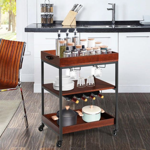 Simple Industrial Style Movable Island Cart with 3 Storage Tiers